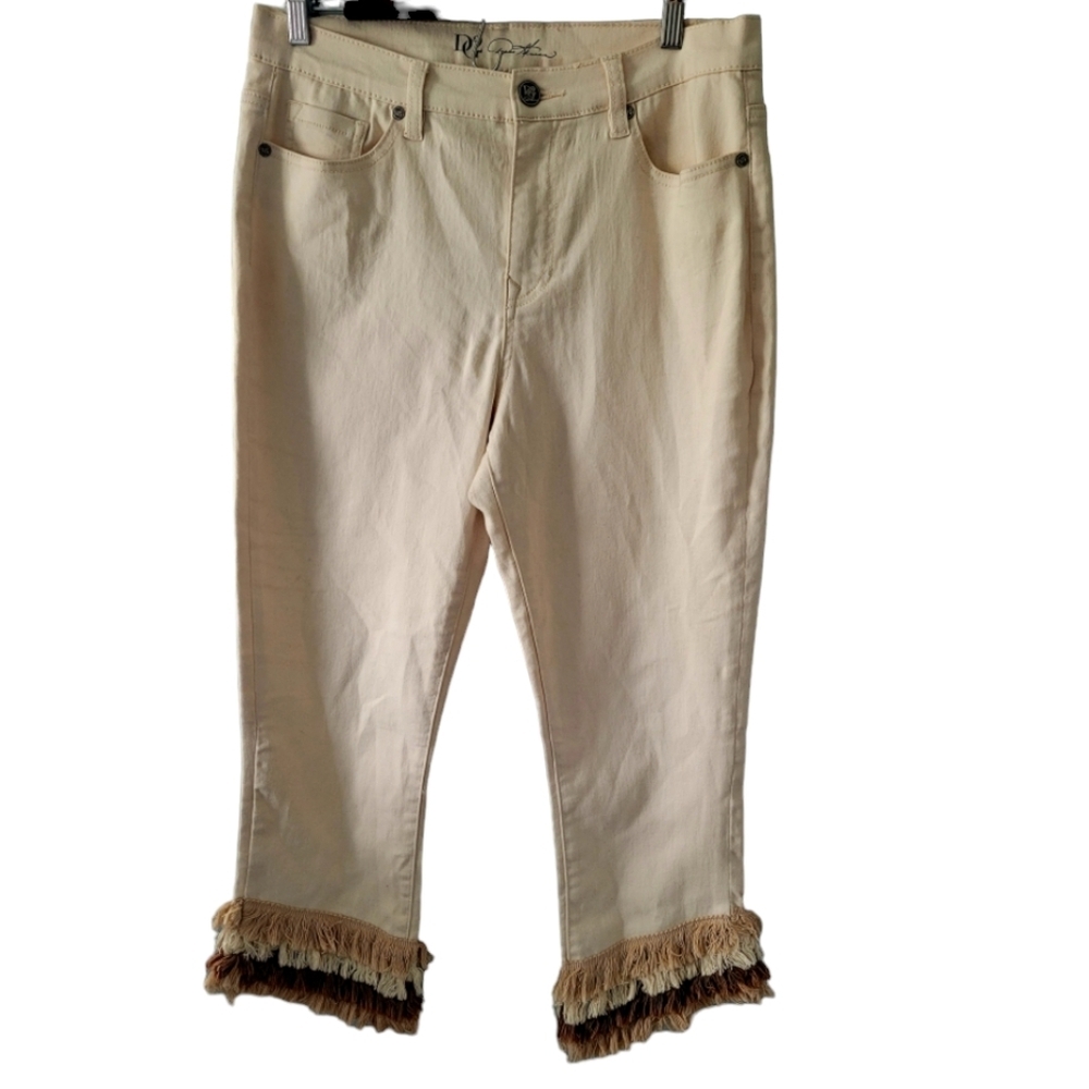 DG2 Dianne Gilman Cotton Blend Ivory Ankle Crop Pants with Fringe Hem Size 12